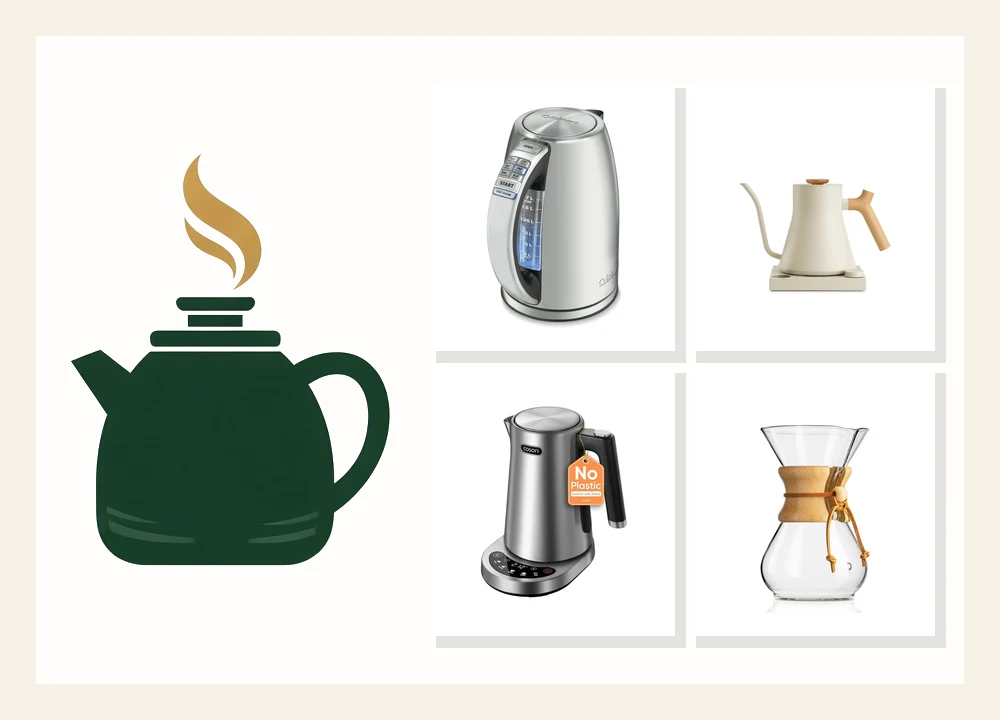 No Coating Kitchen mark beside stainless kettles and a Chemex carafe